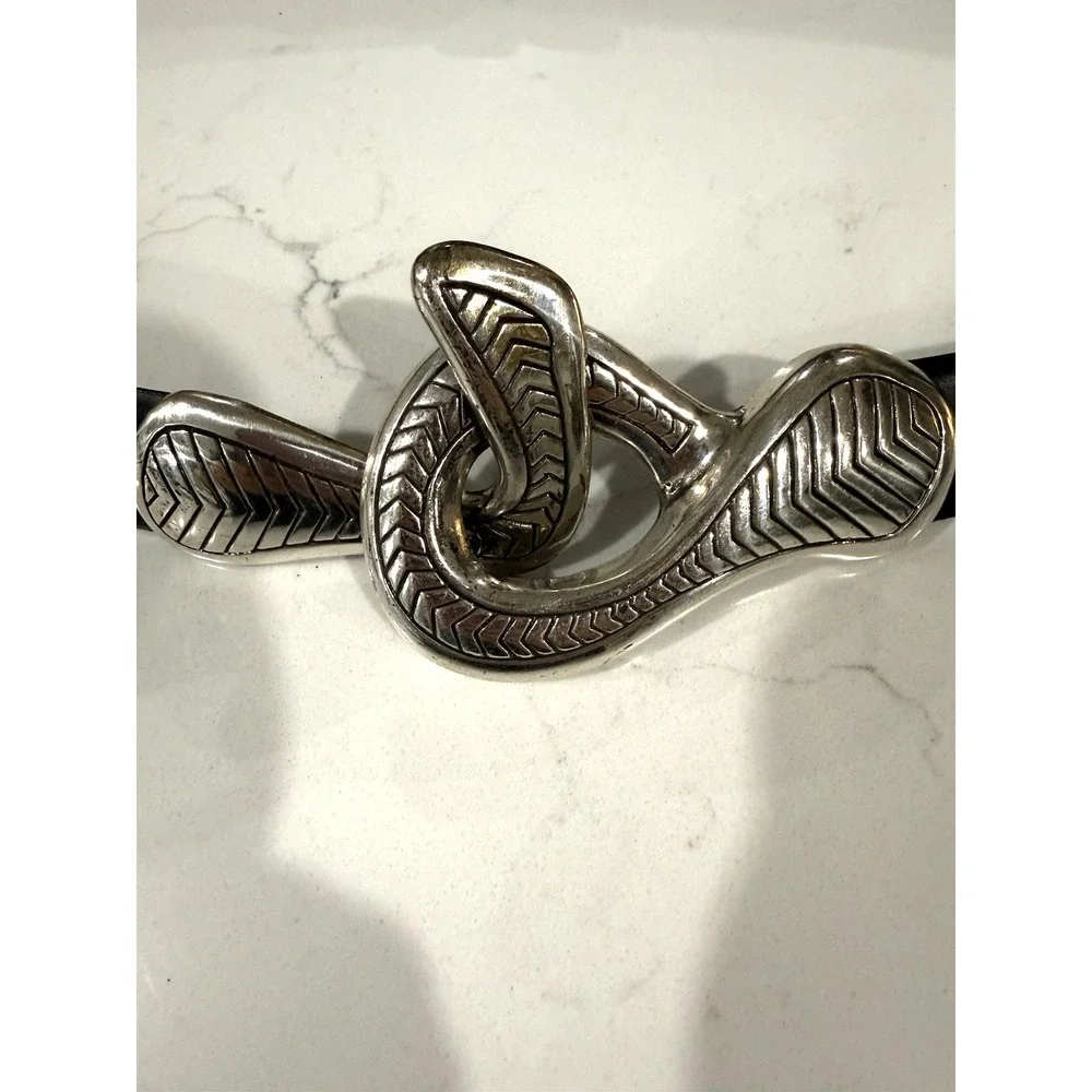 Chicos Vintage Metal Clasp Black Leather Adjustable Slide Belt Snake
